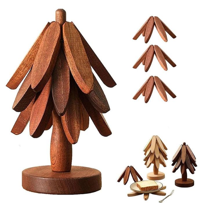 Catzon Wooden Tree Trivet Set Stackable Hot Pot Coasters-NutBrown3