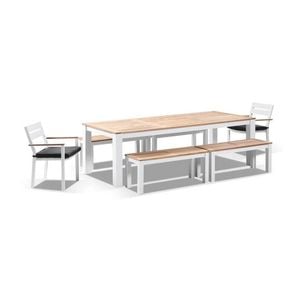 Balmoral 2.5M Teak Top Aluminium Table With 4 Bench Seats And 2 Chairs