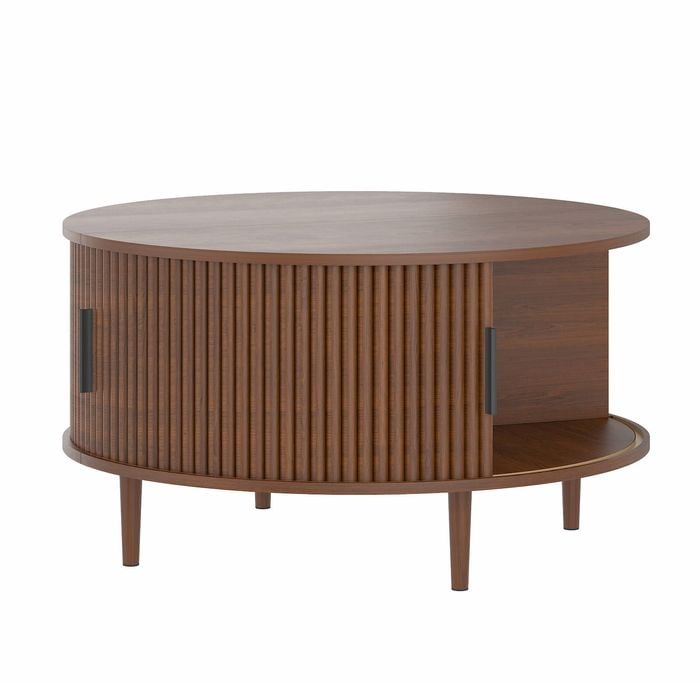 Ufurniture Round Coffee Table with Sliding Door & Flip Top 80cm Mid-Century Modern Storage Coffee Table Walnut