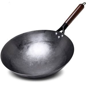 NNEOBA 32cm Hand-Forged Iron Wok Pure Iron Non-Coated Stir Fry Pan Brown