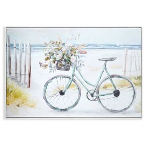 P&P White Framed Seascape Bike Wall Art Hand Painted Coastal Picture Decor