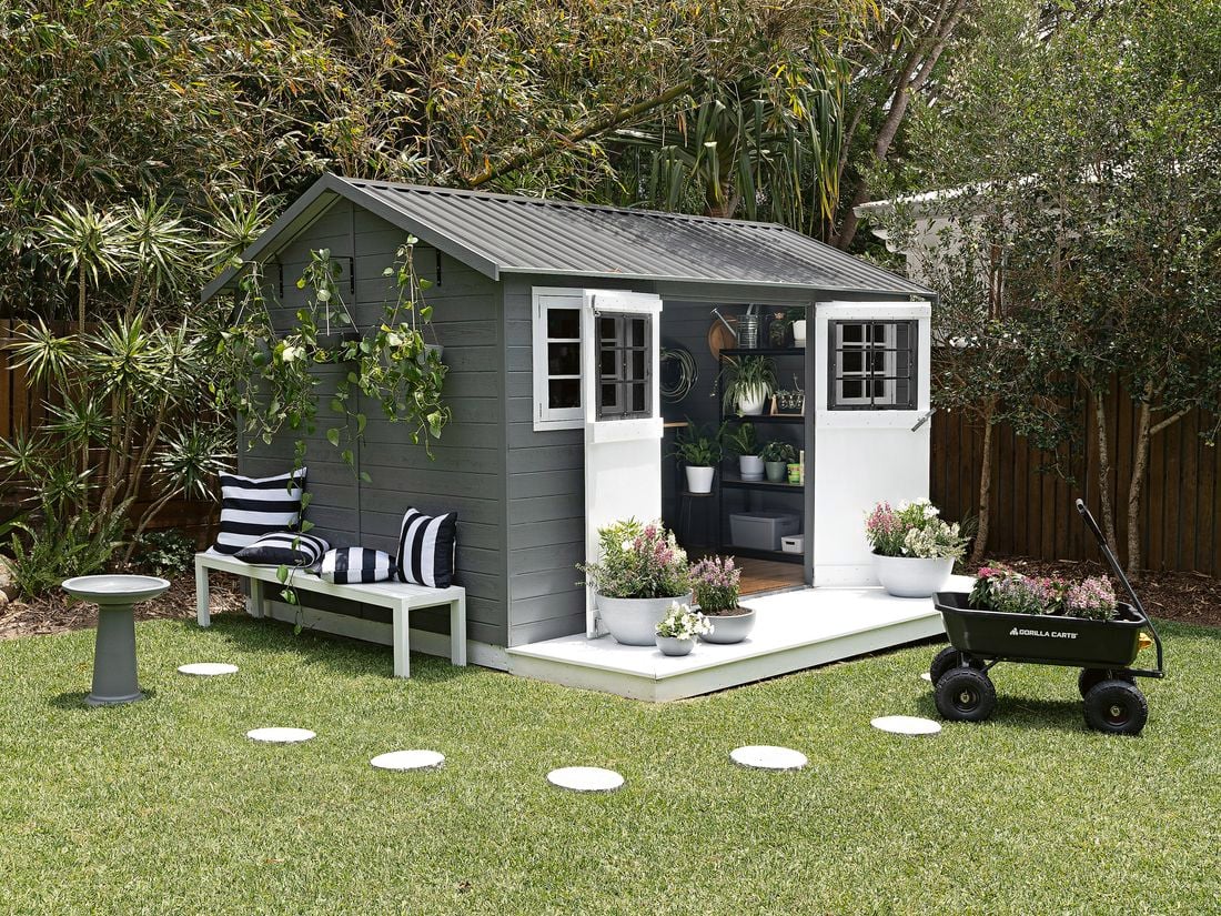 Grey and white shed in a backyard with lawn