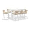 Hugo Outdoor Ceramic 2m Rectangle Aluminium Bar Table White With 8 Rope Stools & Cream Rope/cream Cushions
