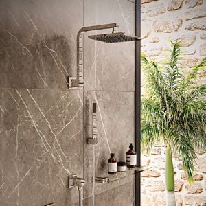 Modern bathroom with grey tiles and silver shower, with palm tree in background
