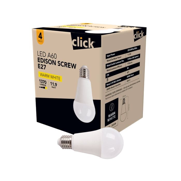 Click A60 ES LED 1400lm Warm White 11.9W Globe - 4 Pack