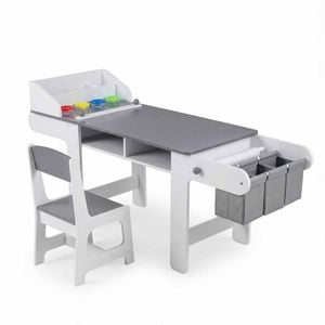 Costway Kid Art Table Chair Set Craft Draw Desk Paper Roll Activity Grey