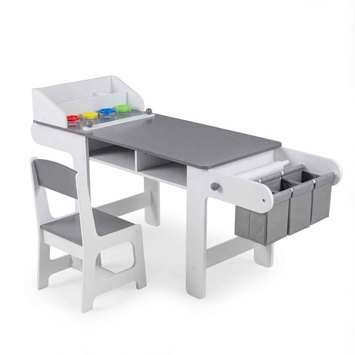Costway Kid Art Table Chair Set Craft Draw Desk Paper Roll Activity Grey
