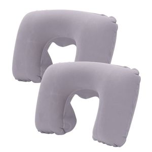 Catzon 2 Pcs Inflatable U-Shaped Pillow Flocked Fabric-Light Grey