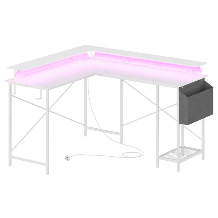 Advwin L Shaped Gaming Desk 136cm with LED Lights & Power Outlets White
