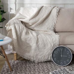 CottonMore Slub PolyCotton Knitted Blanket Cream T Pattern Sofa Bed Leisure Throw Rug 180x230cm