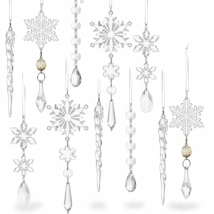 P&P White Crystal Acrylic Christmas Tree Icicle Snowflake Ornaments Set 18pc Holiday