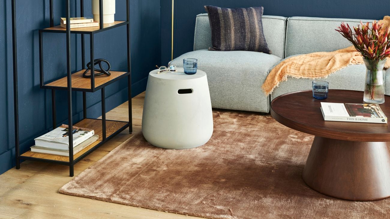 Lounge room with brown shag rug, white cement side table, blue feature wall, decorative shelf, white lounge and brown coffee table.