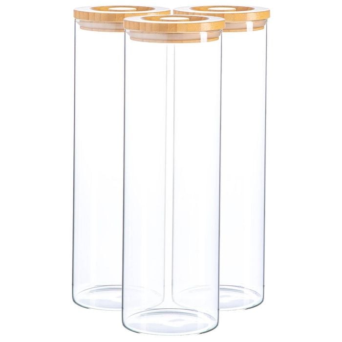 Argon Tableware Glass Storage Jar - Wood Lid - 2 Litre - 3x Modern Round Scandi Organisation Container Glass Jar