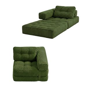Ufurniture 3-in-1 Folding Floor Sofa Bed W/ L-shape Armrest & Backrest 90cm Corduroy Single Lounge Boneless Lazy Couch Green
