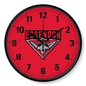 Afl Wall Clock - Essendon Bombers - Plastic - 30cm Diameter - Team Logo