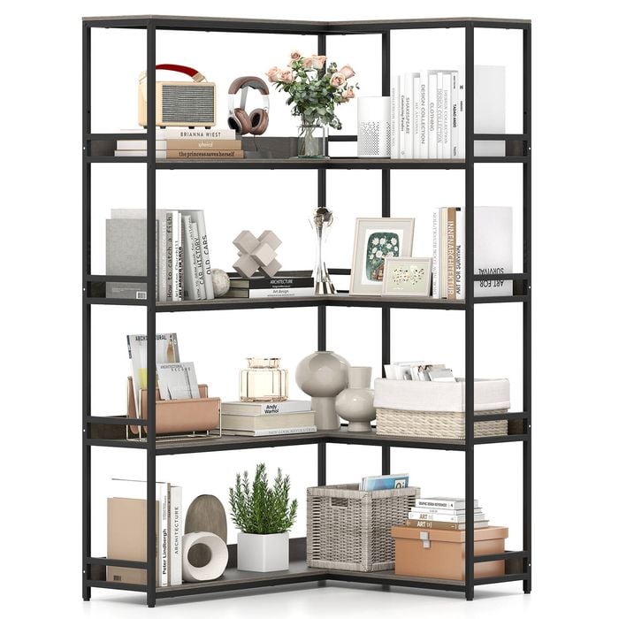 Costway 1.8m Corner Bookshelf 5 Tier Utility Shelf Metal Bookcase Oak