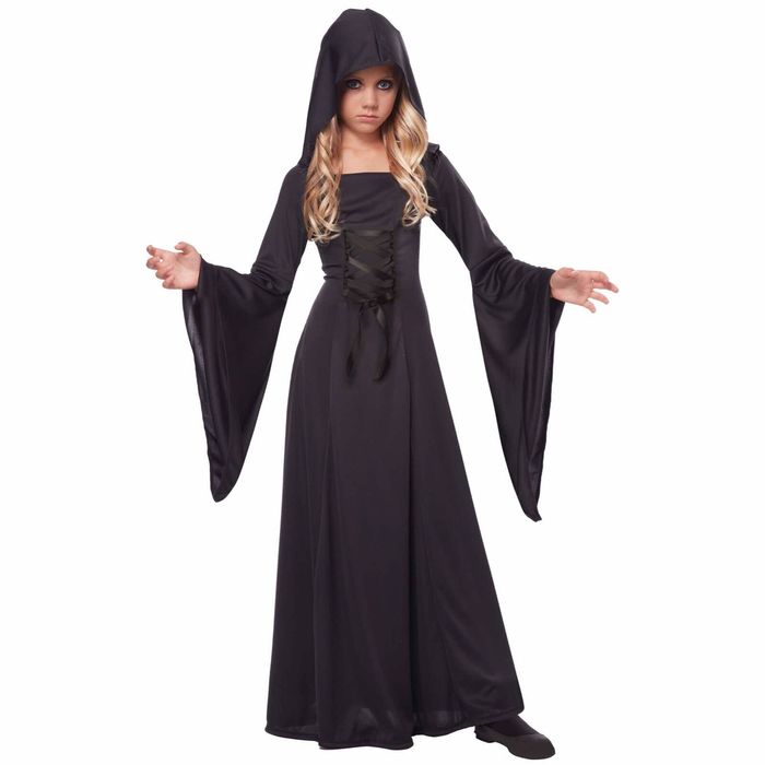Black Hooded Robe Witch Sorceress Vampire Gothic Medieval Ghost Girls Costume L
