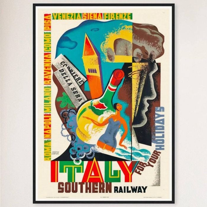 Galrie Holiday Southern Railway Vintage Italy Travel Poster for Home Decor, Black Frame, A2 42 x 60cm (16 x 24inch)
