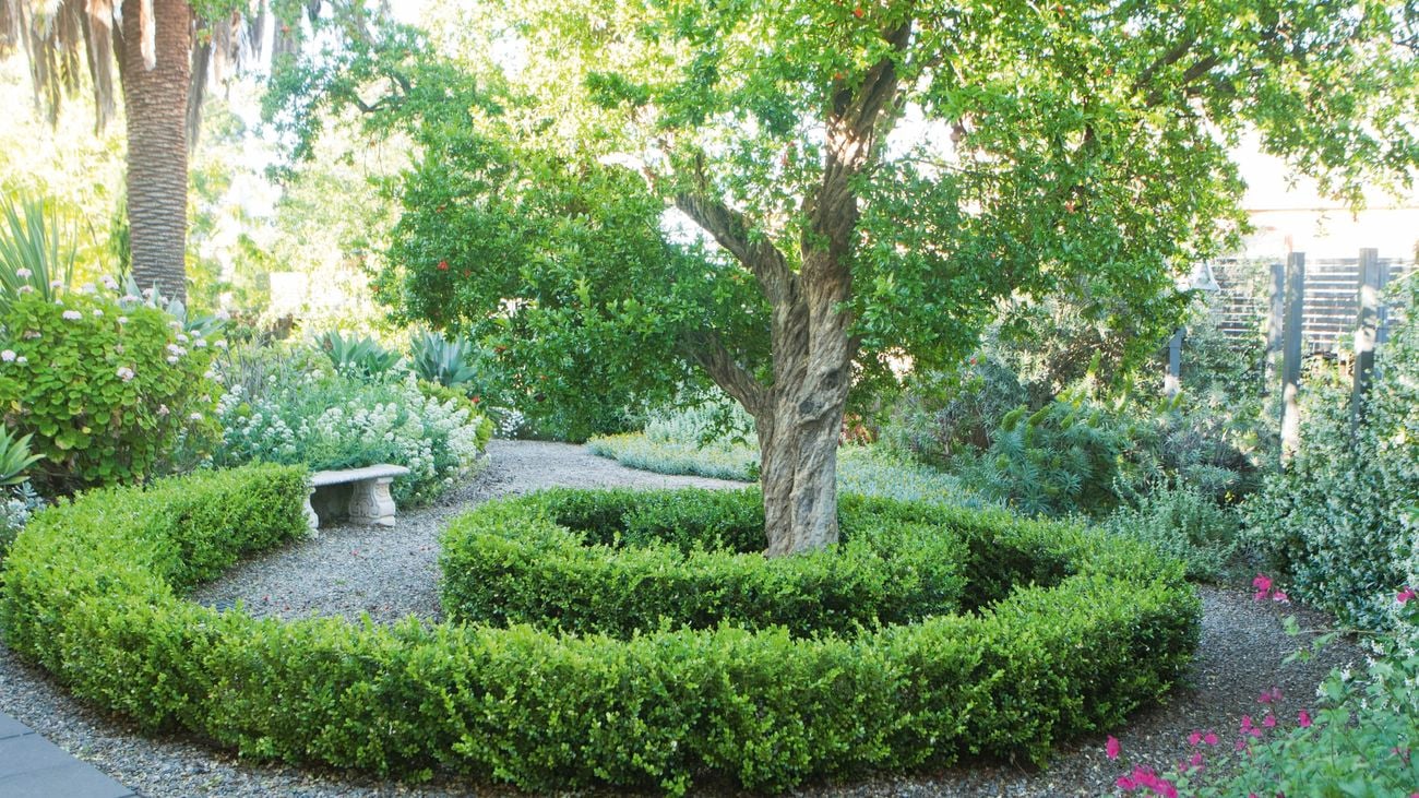 Gravel paths in a traditional style garden