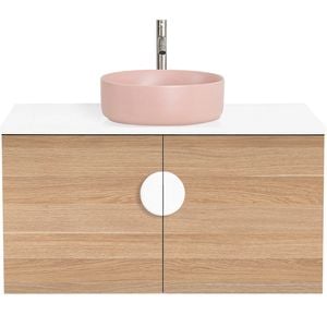 CIBO 900mm Oak Mornington Wall Hung Vanity With Pink Basin And White Handle