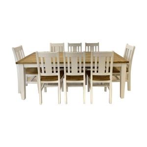 Leura Belle Rustic 8 Seater Rectangle Dining Table And Chairs Setting - Distressed White Honey top