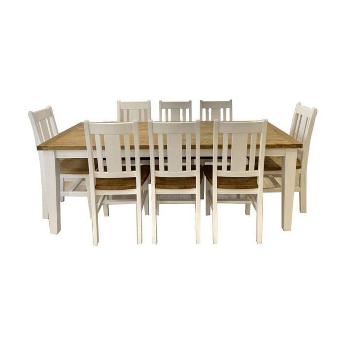Leura Belle Rustic 8 Seater Rectangle Dining Table And Chairs Setting - Distressed White Honey top