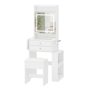 Ufurniture Dressing Table Set with LED Mirror Cabbinet & Glass Desktop, Makeup Vanity Desk with Power Outlet