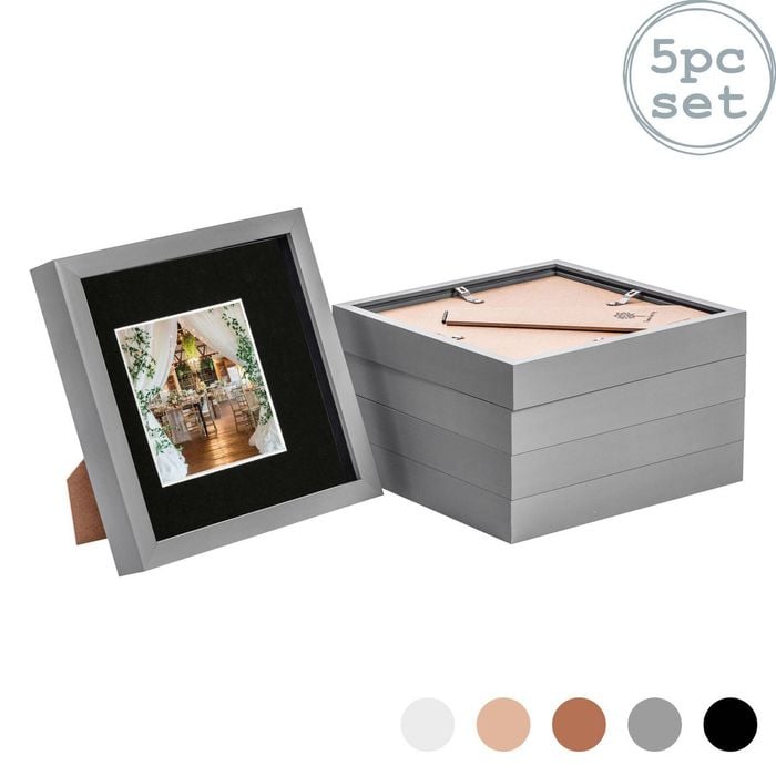Nicola Spring Acrylic 3D Box Photo Frames with 4" x 4" Mounts - 8" x 8"  - Grey - Pack of 5