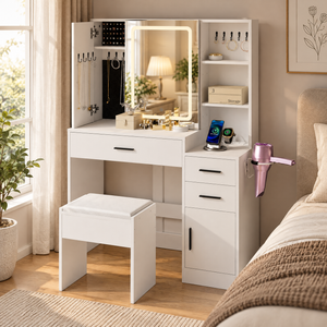 Advwin Dressing Table Stool Set with Mirror LED Lights Jewelry Armoire White