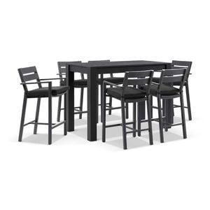 Santorini Outdoor Aluminium 1.5m Bar Table Charcoal With 6 Stools & Denim Grey Cushions