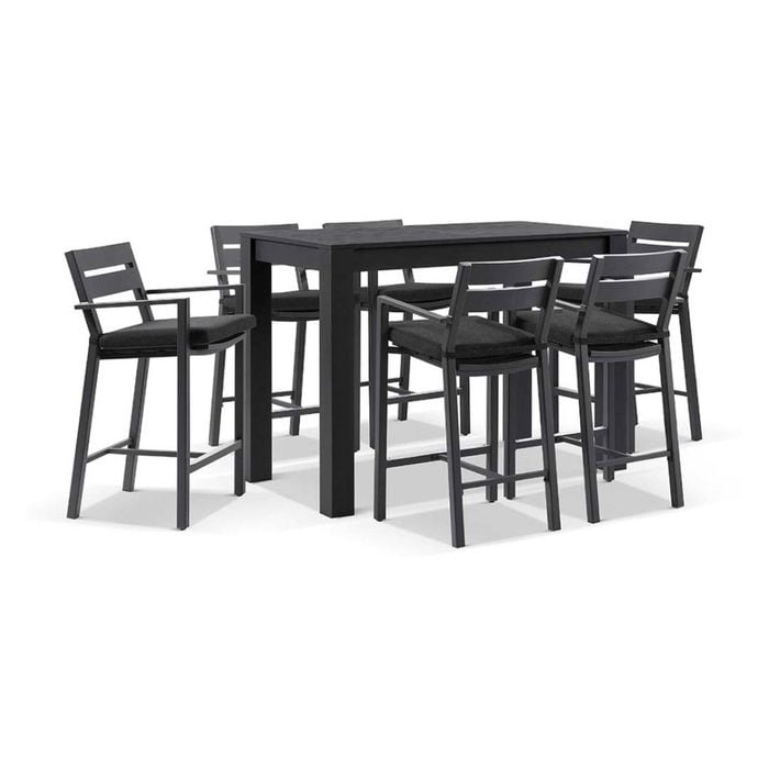 Santorini Outdoor Aluminium 1.5m Bar Table Charcoal With 6 Stools & Denim Grey Cushions