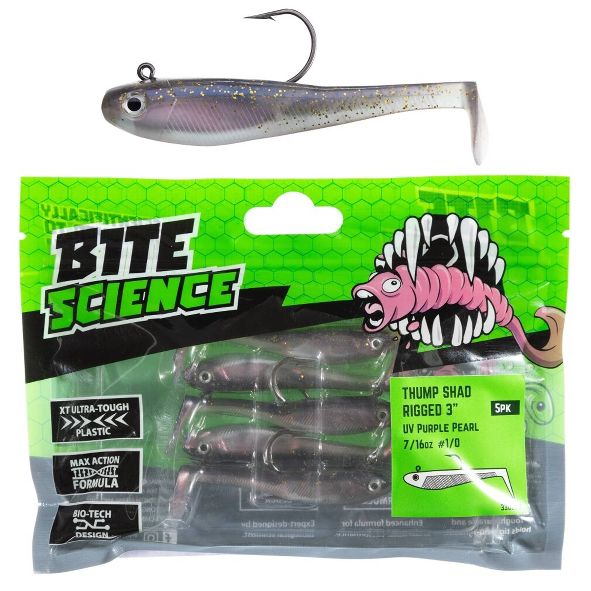 5 Pack of 3 Inch Bite Science Thump Shad Rigged Soft Plastics - UV ...