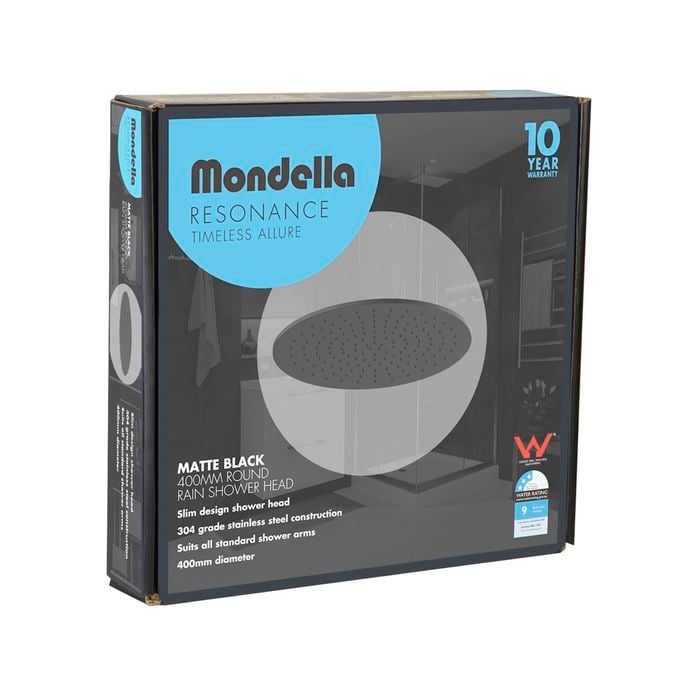 Mondella 400mm Matte Black Resonance Round Rain Shower Head WELS 3 Star 9L/min