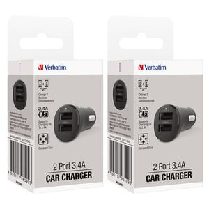 2PK Verbatim 3.4A Dual USB Universal Car Charger For iPhone 14/Samsung S22 BLK