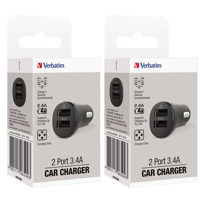 2PK Verbatim 3.4A Dual USB Universal Car Charger For iPhone 14/Samsung S22 BLK