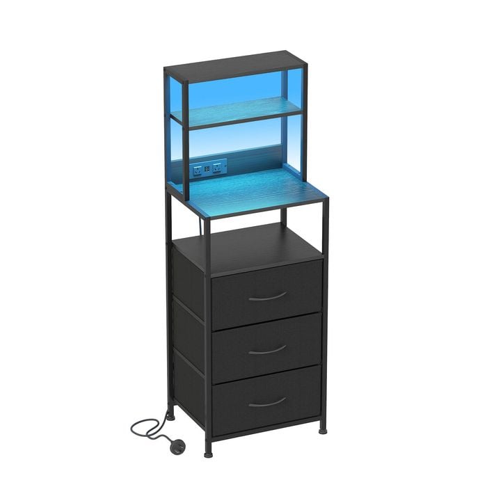 Ufurniture Tall Nightstand 3 Fabric Drawers Bedside Table with Charging Station and LED Lights for Bedroom Living Room  Black
