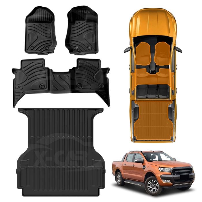 3D Car Floor Mats Tub Liner Set for Ford Ranger Raptor Dual Cab 2018-2021 Heavy Duty All Weather