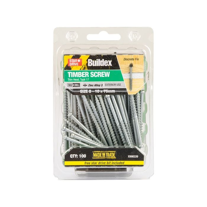 Buildex 8G x 75mm Zinc Alloy 3 Trim Head Timber Screw - 100 Pack
