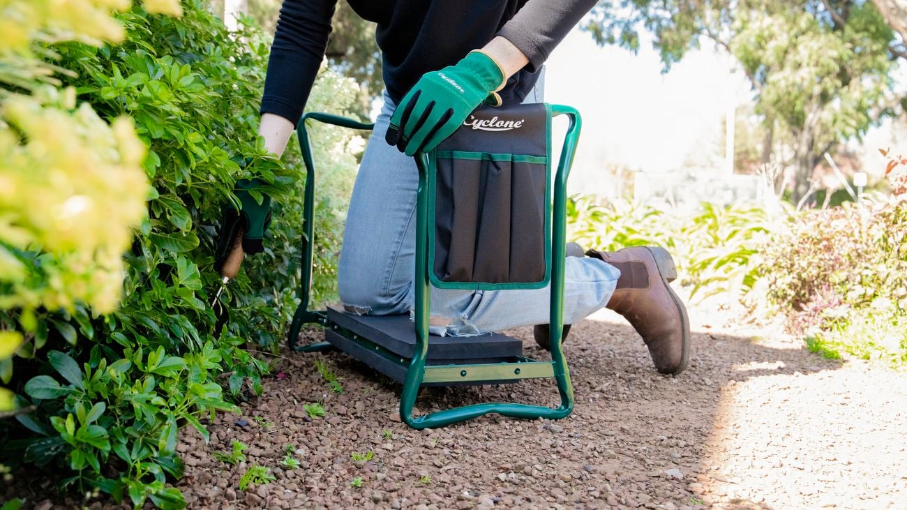 Person uses gardening kneeler kneels in front of bushes on dirt