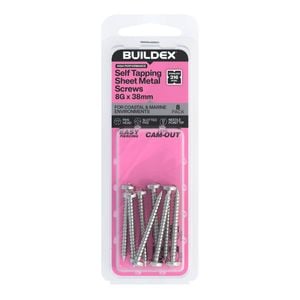 Buildex 8G x 38mm SS316 Self Tapping Sheet Metal Screws - 8 Pack