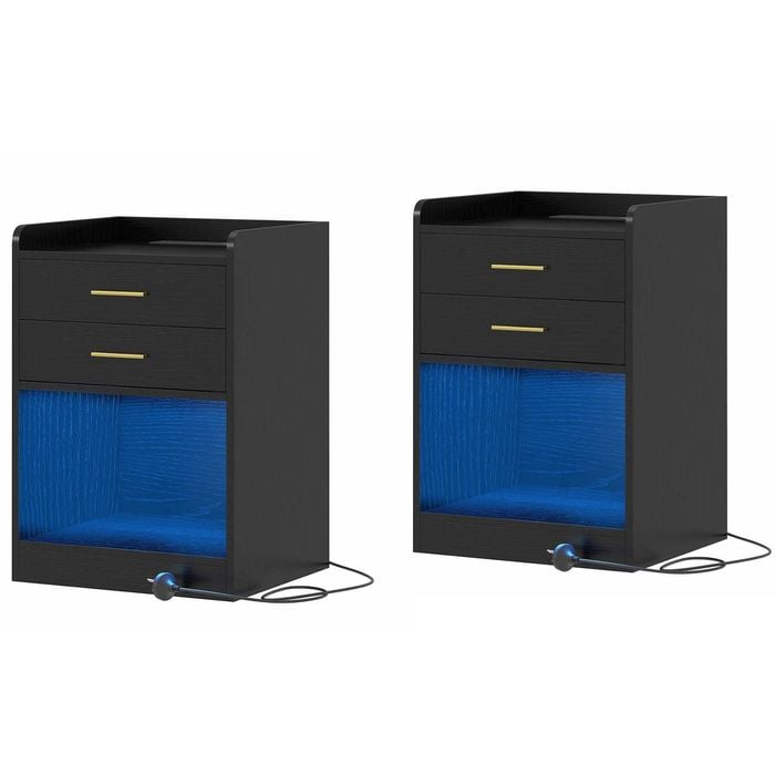 2xsmall Nightstand With Charging Station Led Bedside Table With 2 Drawers & Shelf Black