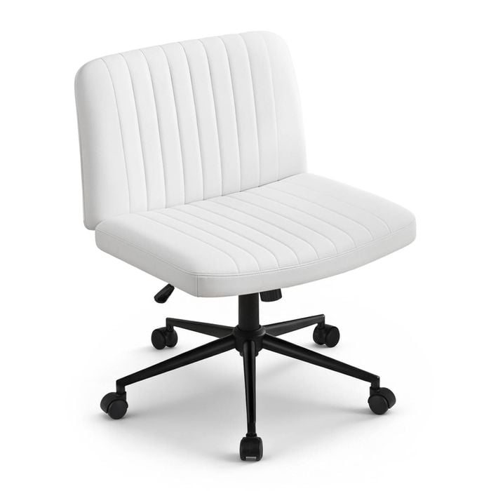 Artiss Criss Cross Legged Office Chair with Wheels PU Armless Swivel Vanity Chair White