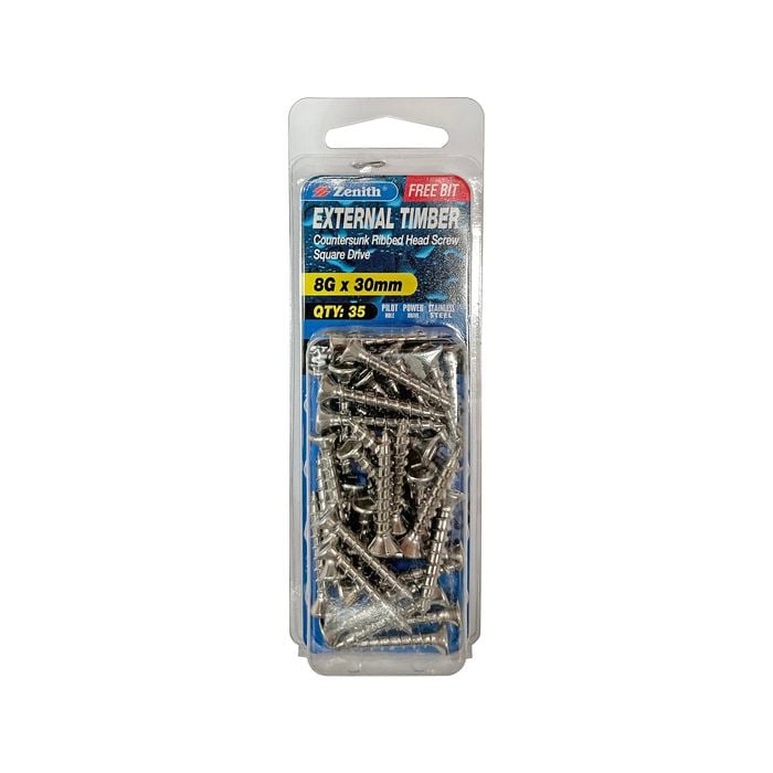 Zenith 8G x 30mm Stainless Steel 304 Square Drive External Timber Screw - 35 Pack