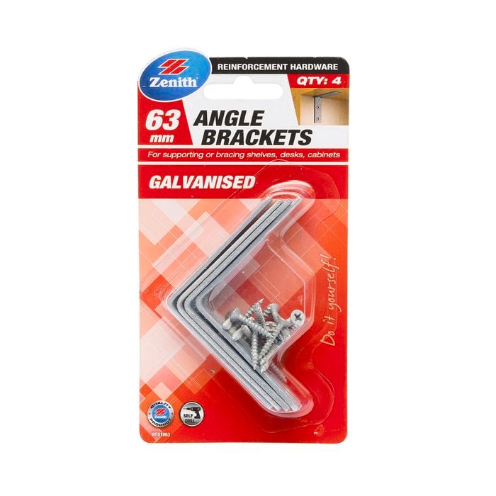 Zenith 63mm Galvanised Angle Bracket - 4 Pack