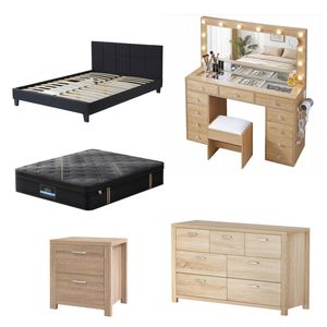 Artiss & Giselle 5Pcs Complete Bedroom Set, Bed Frame+ Mattress + Dressing Table+ Chest+Nightstand
