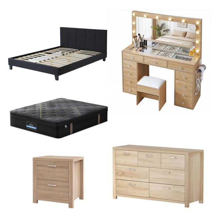 Artiss & Giselle 5Pcs Complete Bedroom Set, Bed Frame+ Mattress + Dressing Table+ Chest+Nightstand