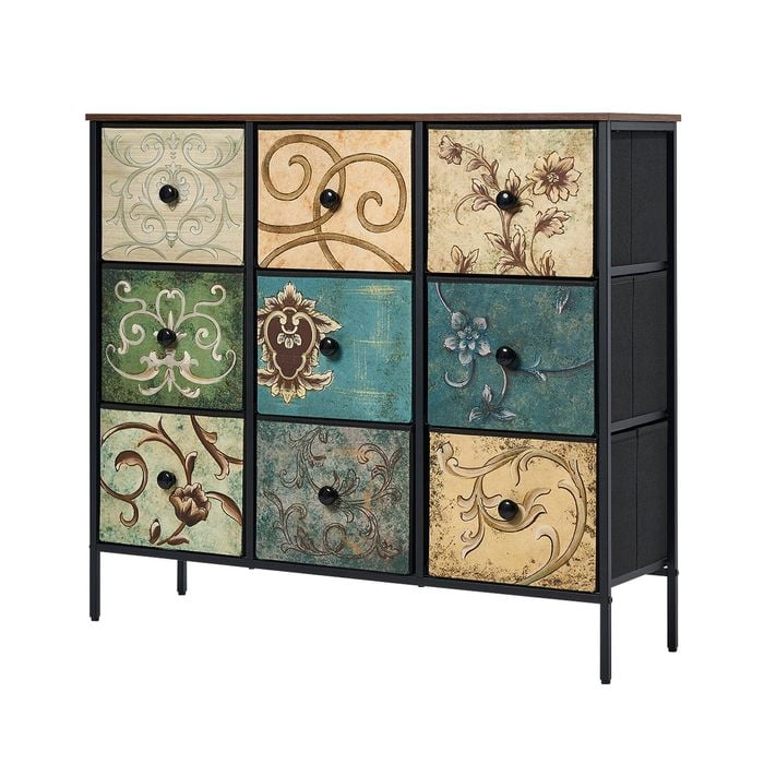 Oikiture 9 Chest of Drawers Fabric Storage Cabinet Retro Dresser Vintage Lowboy
