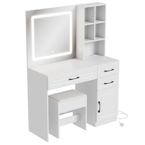 Ufurniture LED Lights Dressing Table with Charging Station HD Lighted Mirror Vanity Desk with Storage Drawers White