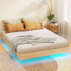 Homfurn Double Floating Bed Frame – Led Lighting 16 Colours, Solid Pine Wood, Timber Mattress Base, Fits Au Double, Oak