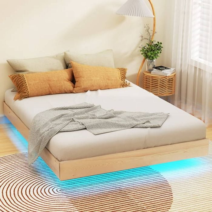 Homfurn Double Floating Bed Frame – Led Lighting 16 Colours, Solid Pine Wood, Timber Mattress Base, Fits Au Double, Oak